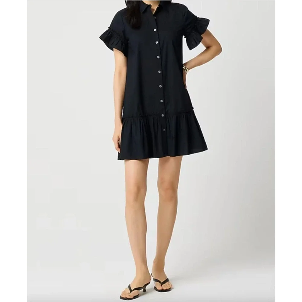 J.Crew Ruffle Sleeve Mini Shirt Dress Cotton Pockets Classic Black US 2 NWT